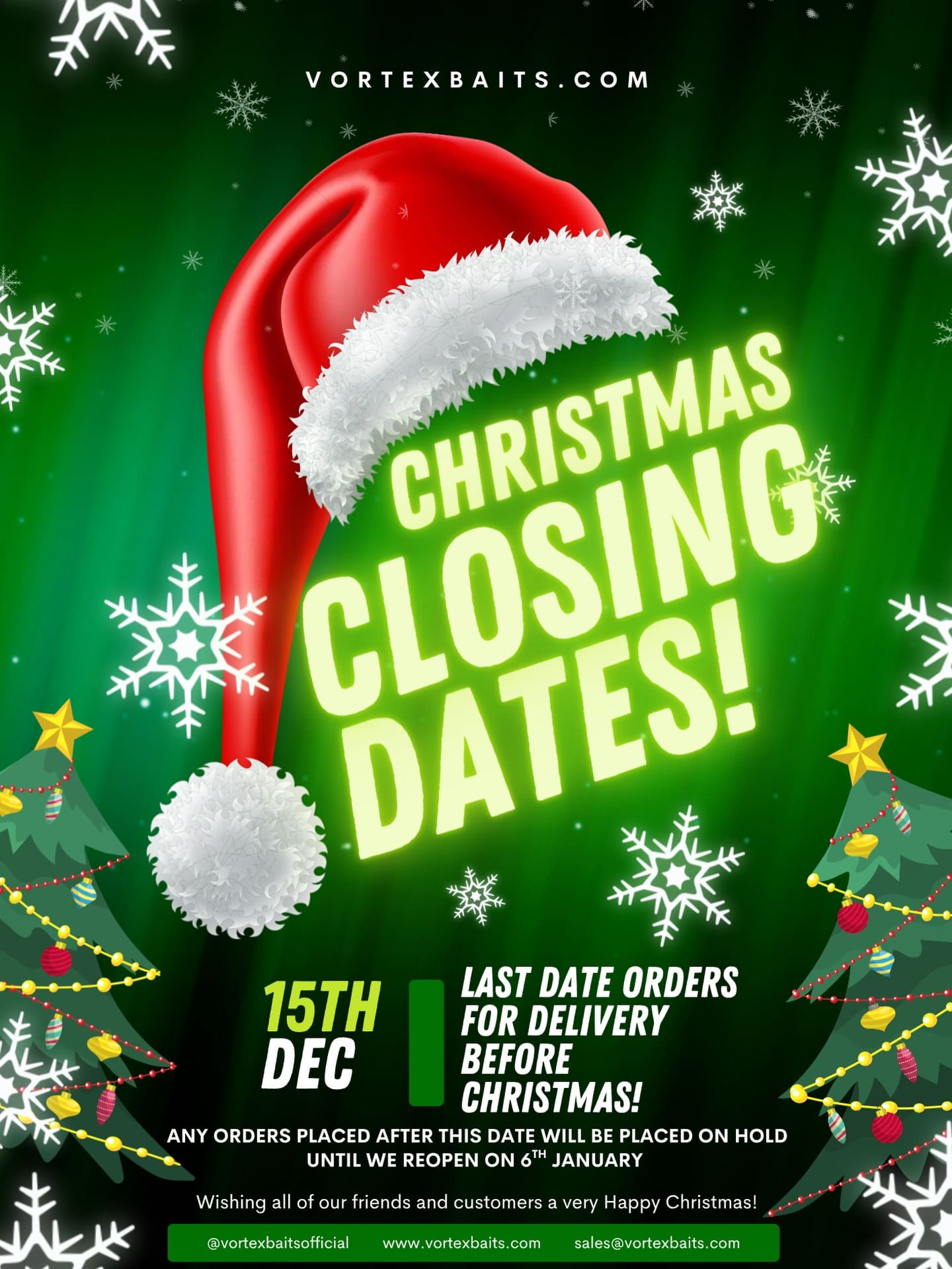 Afternoon @everyone Please note that our festive close up is fast approaching! The last date for orders for delivery before Christmas is 15th December! Any orders placed after this will be placed on hold until we reopen on 6th January!

👉 https://vortexbaits.com 👈  #vortexbaitsofficial  #teamvortex #hydroshrimp  #furterpellet  #rivertrent