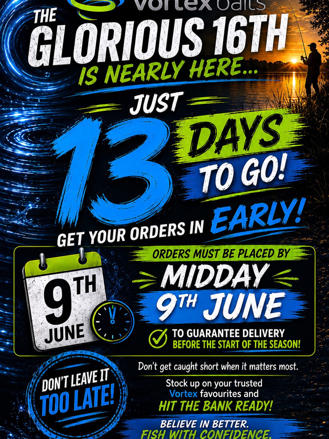 Morning all, we are now under the 2 week mark before the start of the River Season! It’s come round very fast, we are trying very hard to keep as much as we can in stock, we’ve just had another pellet delivery of just over a tonne, that should keep your insatiable appetites in check for a little while!

Don’t forget, orders must be in by MIDDAY on 9th June to get delivery before 16th!

Thank you all once again for your continued support, and wishing you the most successful season yet!

Tight lines from the team here at HQ!

#vortexbaitsofficial